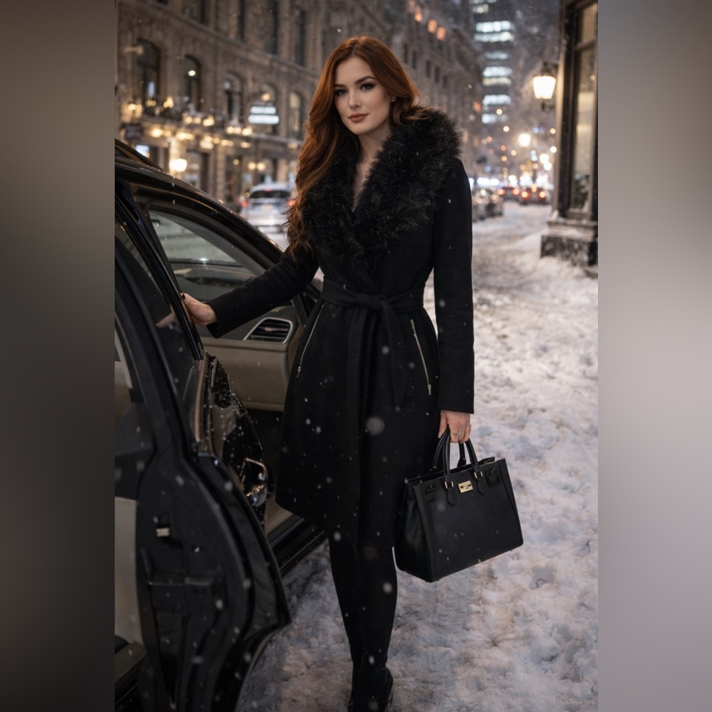 Ricki's Black Trench Coat with Faux Fur Collar